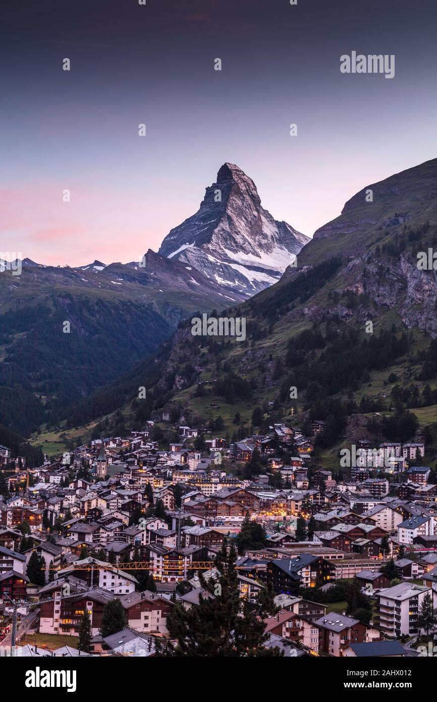 Sunset over Zermatt and the Matterhorn, Switzerland Stock Photo