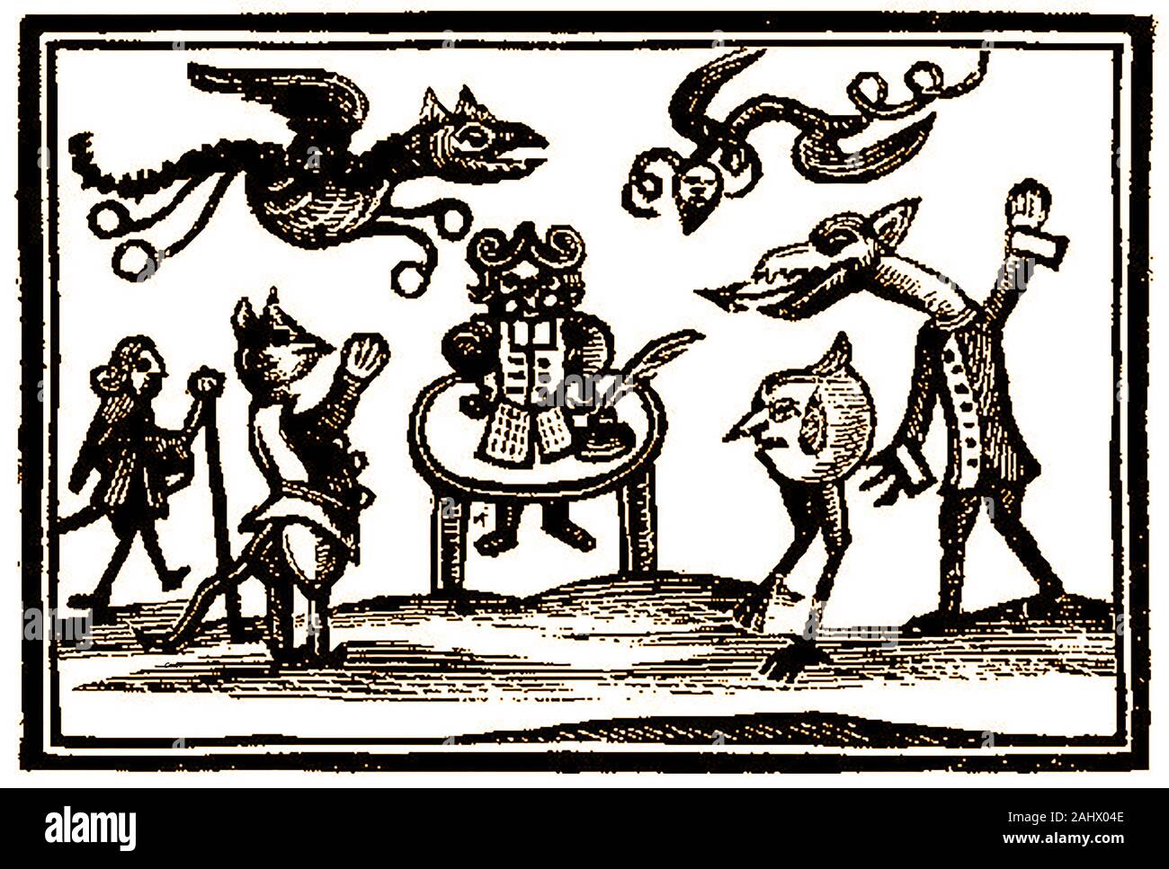 A very early woodcut engraving showing gremlins, dragons, goblins and other magical creatures having been called by a wizard or warlock , sitting centre. Stock Photo