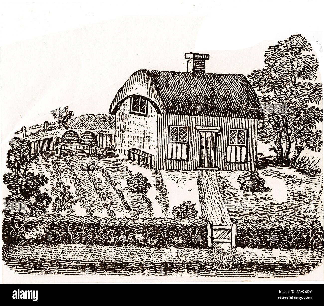 A very early woodcut engraving showing - a typical country cottage in England with a garden and bee skeps (Hives) Stock Photo