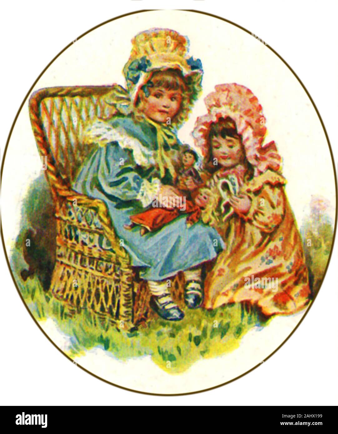 1897 coloured Victorian  illustration showing two Victorian English girls in bonnets playing with their dolls Stock Photo