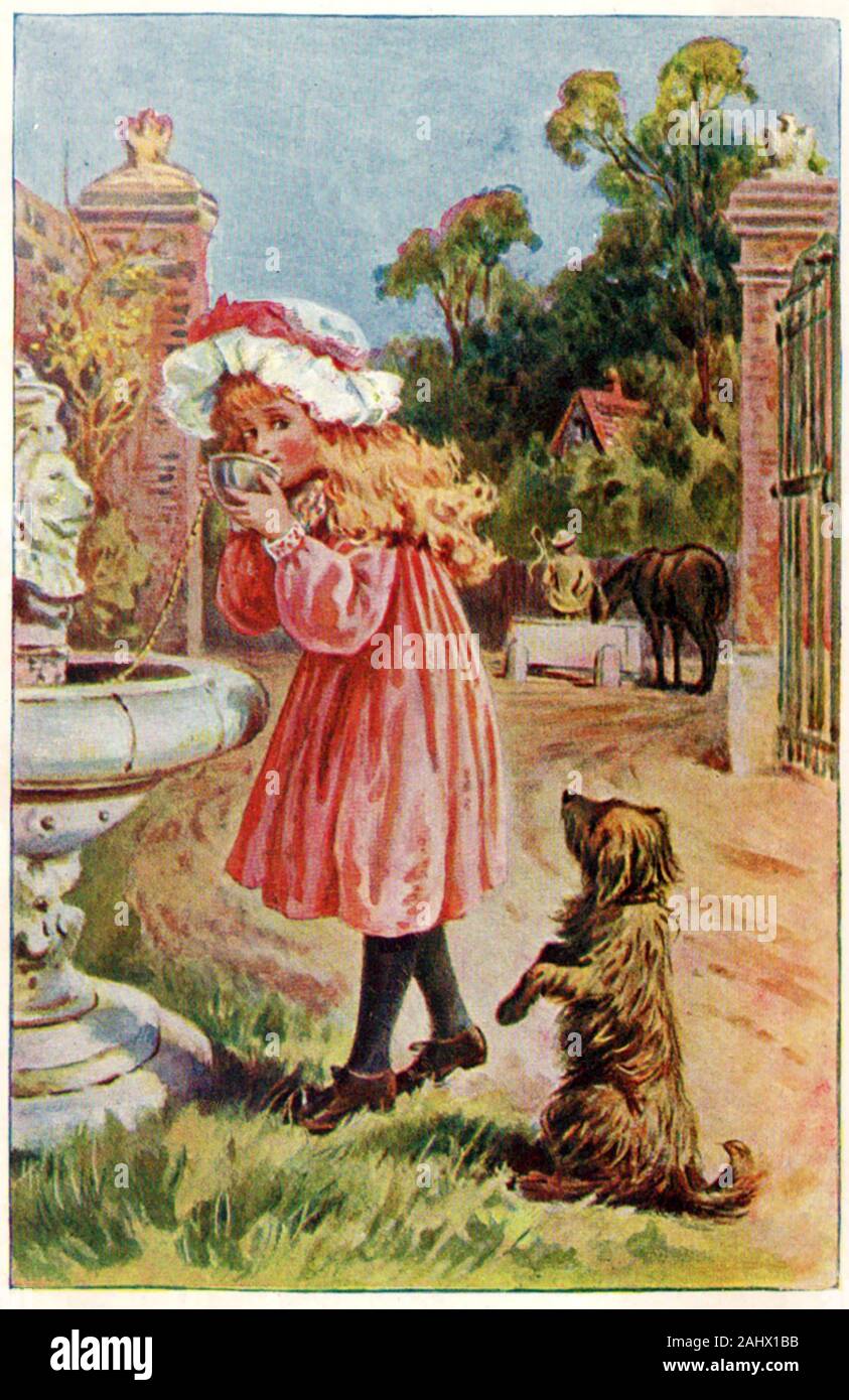 A coloured 1897 Victorian bookplate showing a girl drinking water from a fountain, a horse drinking from a trough and a dog begging for a drink with typical Victorian children dress costume Stock Photo