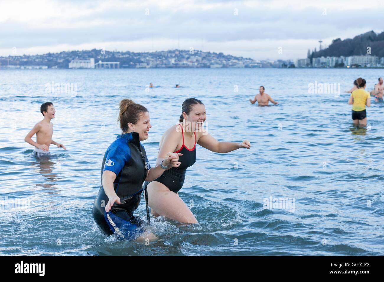 Hundreds of swimmers endure the chilly waters of Elliott Bay during the