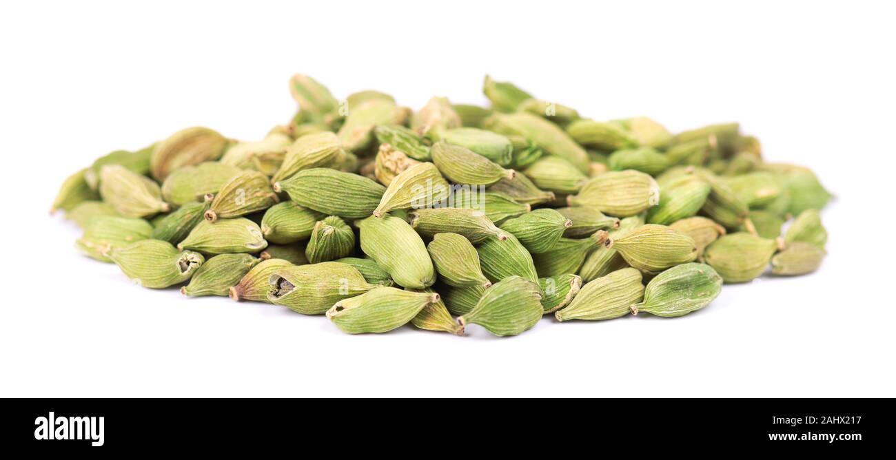 Cardamom pods isolated on white background. Green cardamon seeds