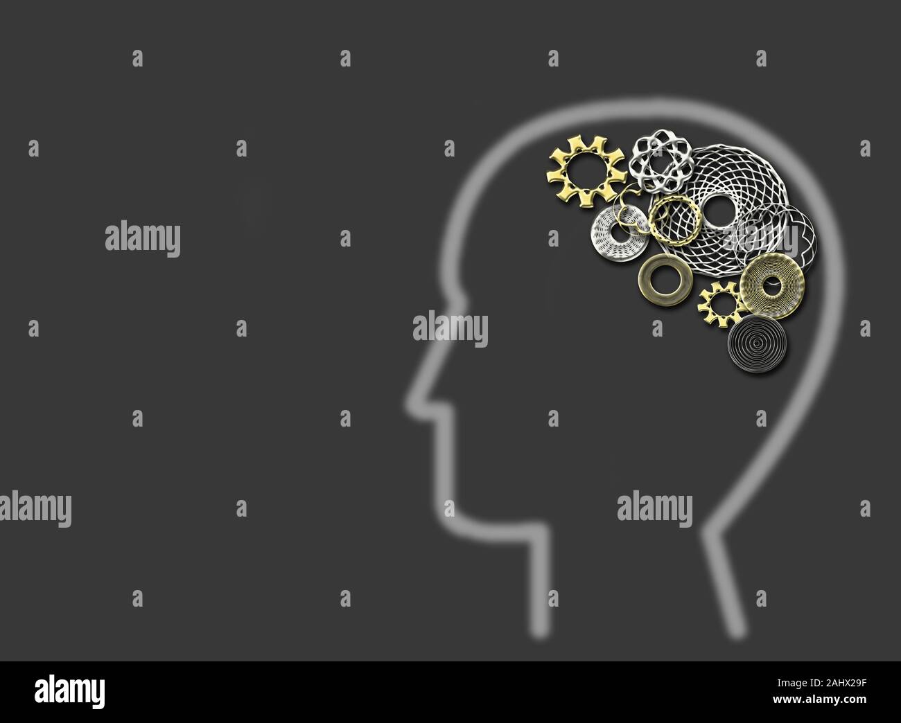Human with gears and cogs inside showing brain activity Stock Photo