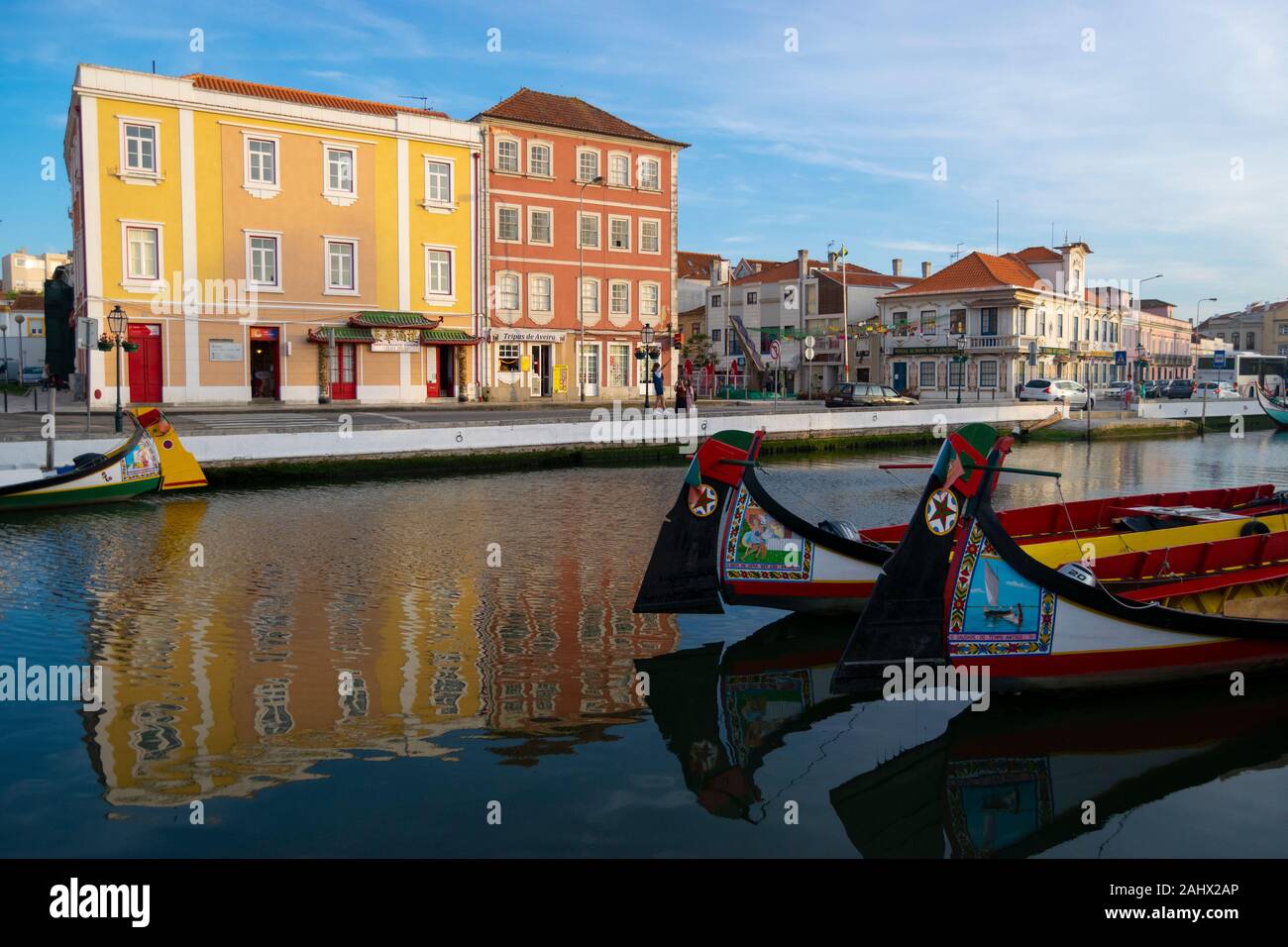 Traditional Moliceiro boats moored in central Aveiro Portugal Stock Photo