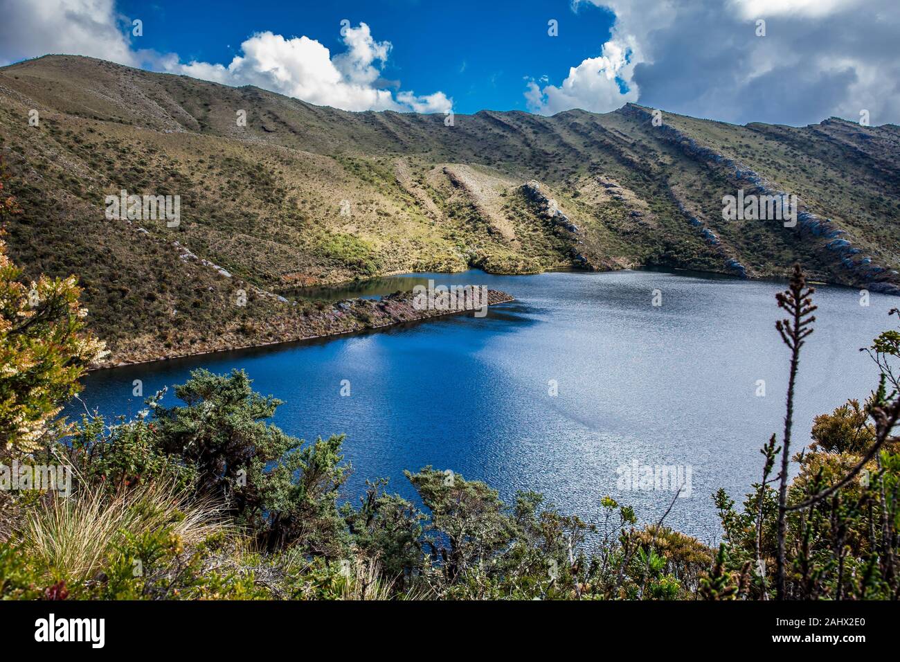 Beautiful landscape of Colombian Andean mountains showing paramo type vegetation in the department of Cundinamarca Stock Photo
