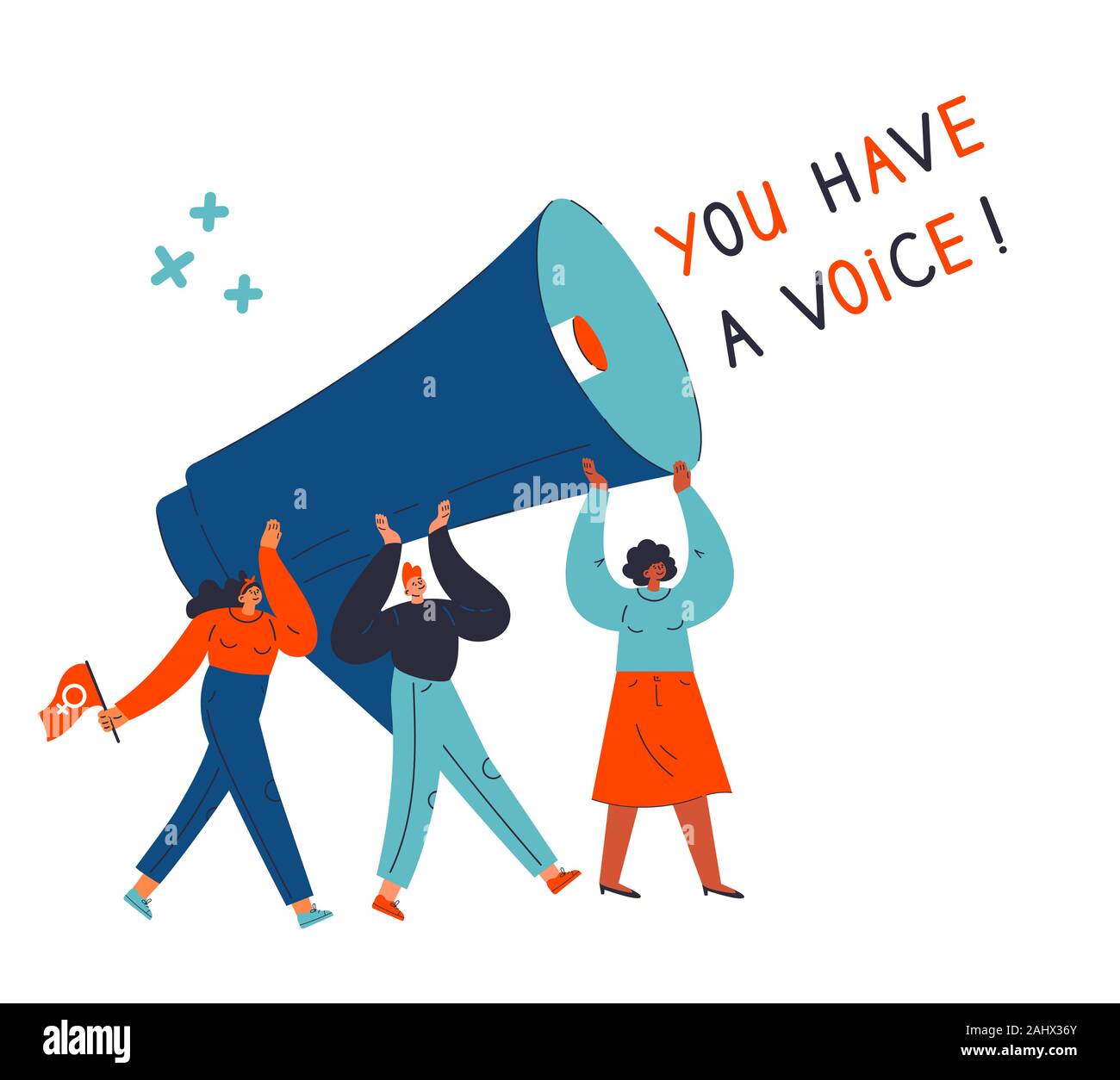 Different women hold megaphone together.Feminism  Stock Vector