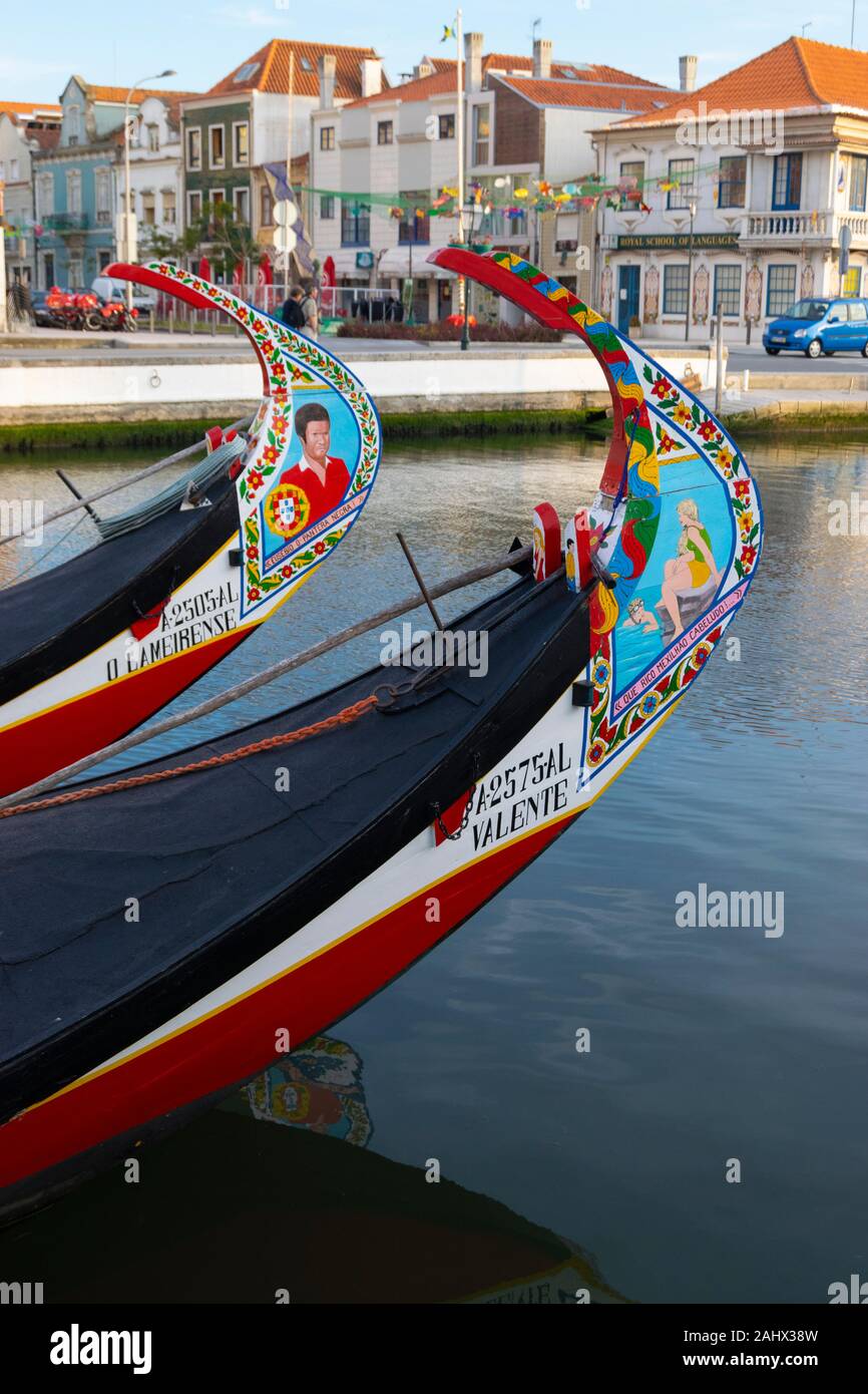 The famous hand painted bows of the traditional Moliceiro canal boats in Aveiro Portugal Stock Photo
