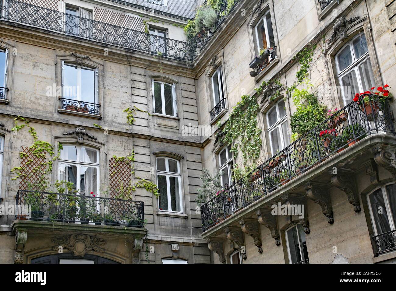 Paris, typical old apartment building with wrought iron balcony railings and planters Stock Photo