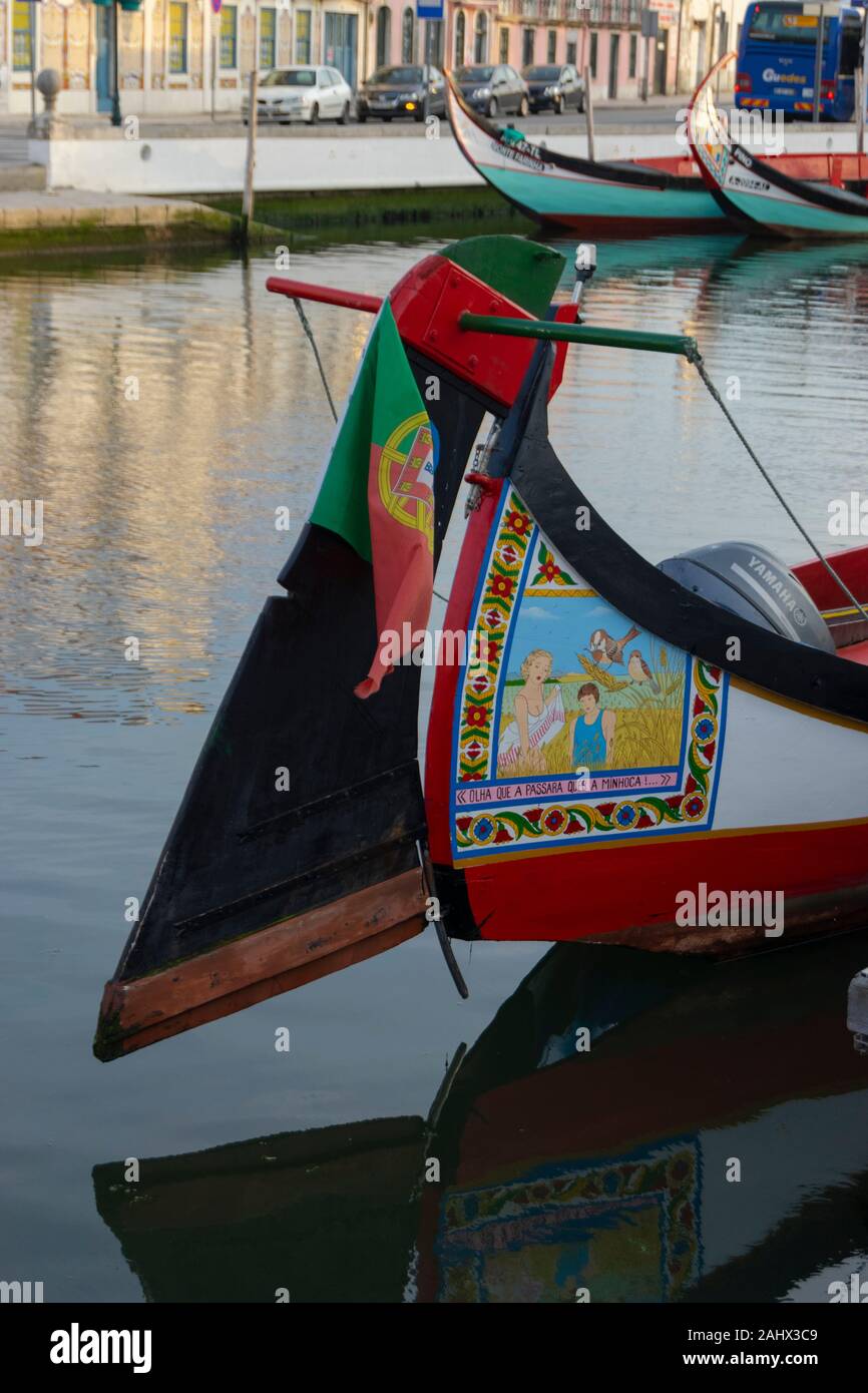 The famous hand painted bows of the traditional Moliceiro canal boats in Aveiro Portugal Stock Photo