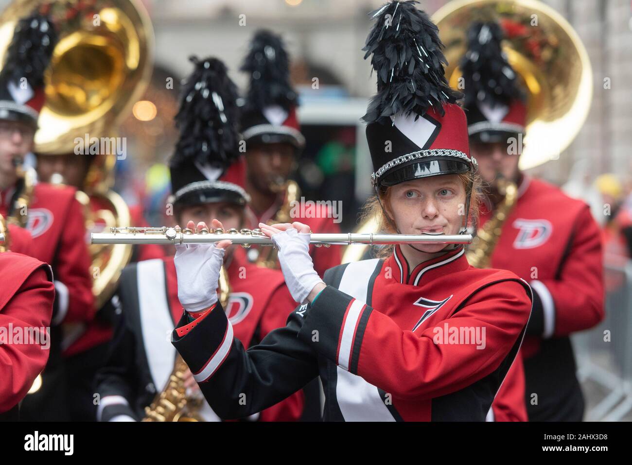 London, Britain. 1st Jan, 2020. Band members perform during the annual New Year's Day Parade in London, Britain, Jan. 1, 2020. Credit: Ray Tang/Xinhua/Alamy Live News Stock Photo