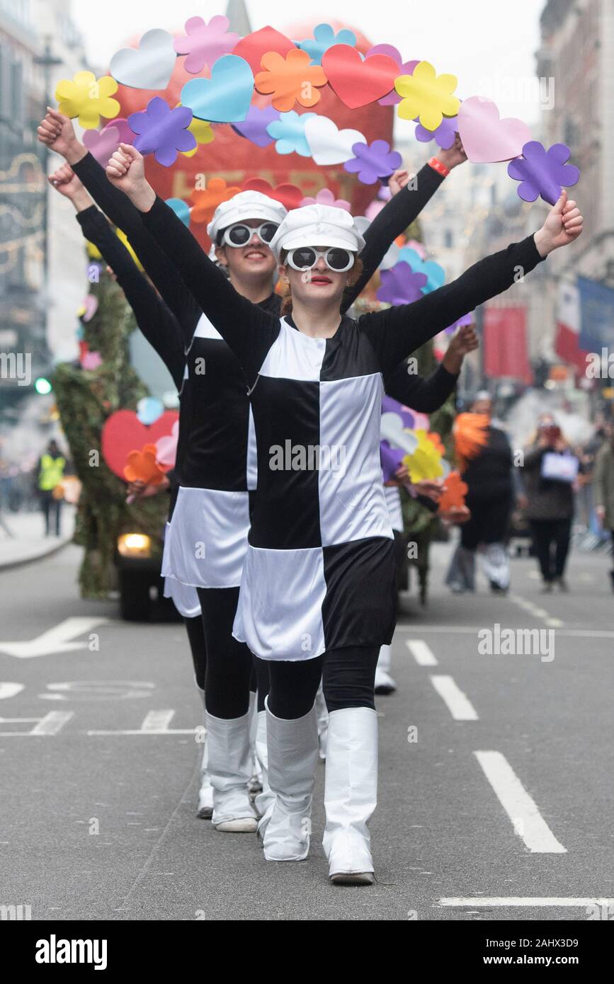 London, Britain. 1st Jan, 2020. People perform during the annual New Year's Day Parade in London, Britain, Jan. 1, 2020. Credit: Ray Tang/Xinhua/Alamy Live News Stock Photo