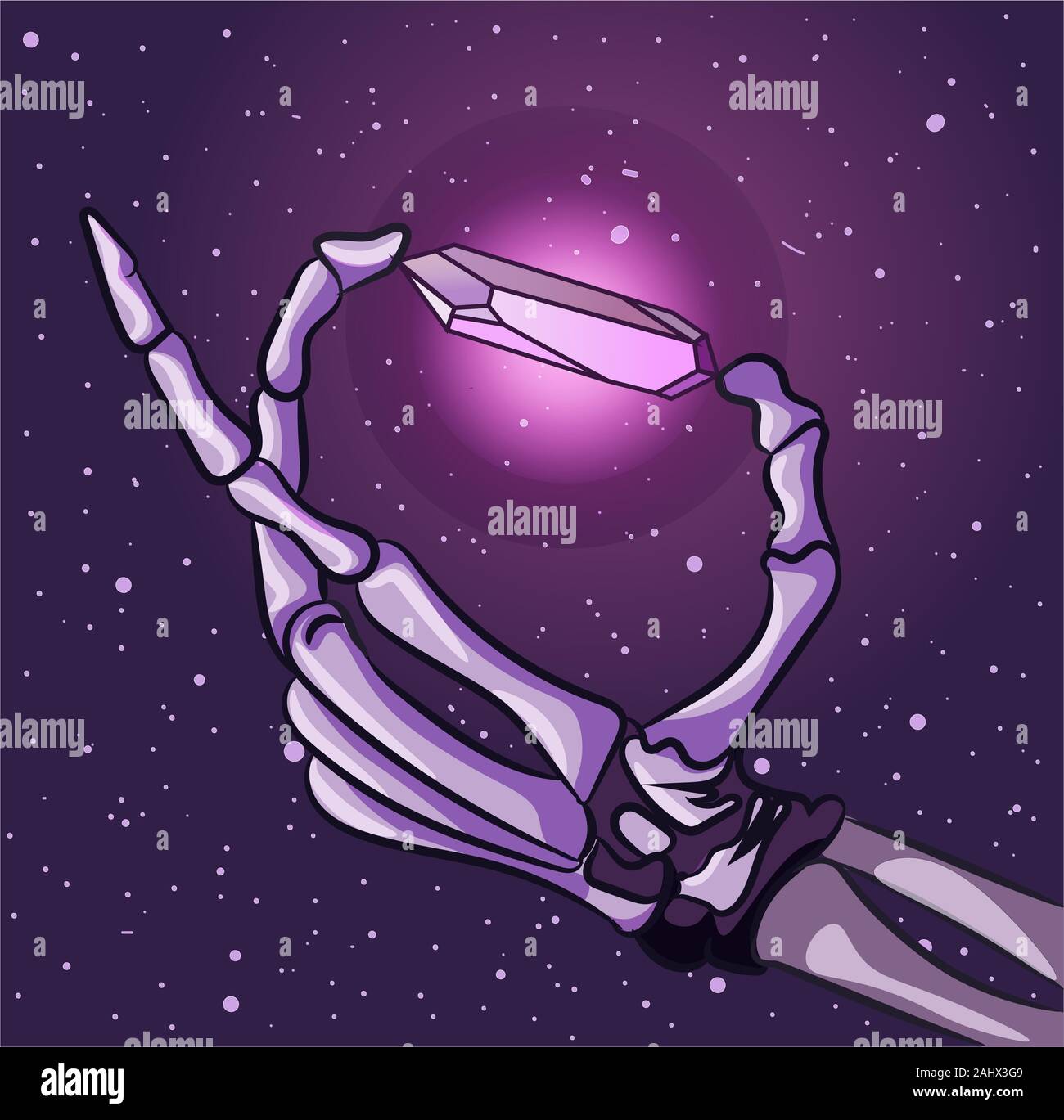 Skeleton zombie holding a glowing radioactive amethyst stone in his hands. Drawing of a dead human hand under the starry night sky. Stock Vector