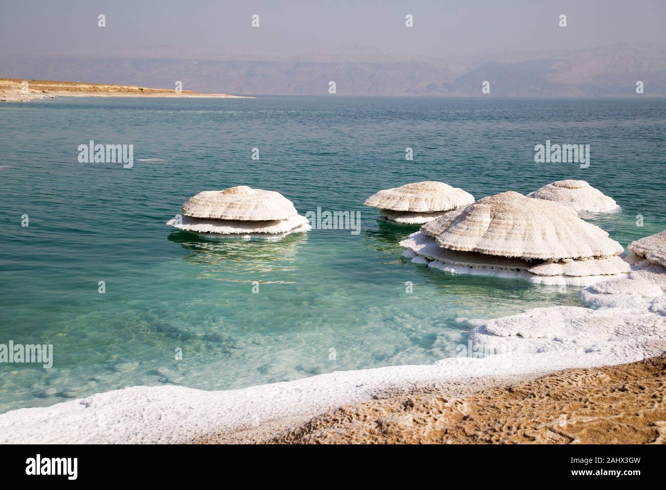 Dead Sea salt chimneys. They form where fresh water flows into the saline water, and are exposed as water levels drop. Stock Photo
