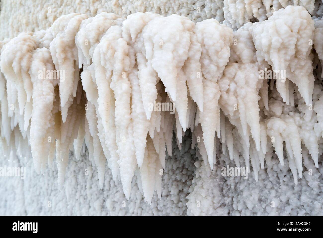 Salt stalactites forming on the Dead Sea coast. The Sea has the lowest elevation on earth. Stock Photo