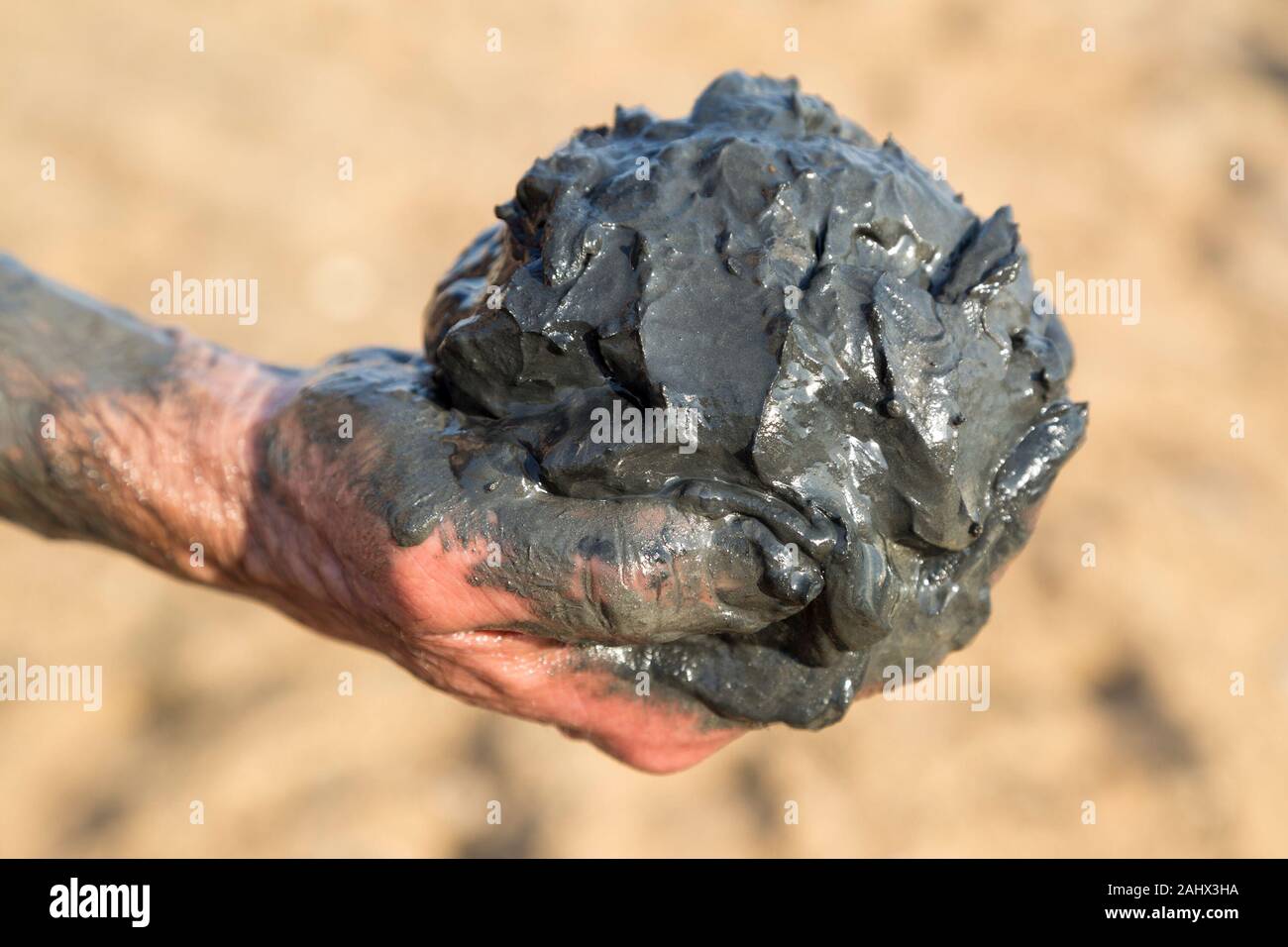 Tourist holding a handful of Dead Sea mud picked up from the beach Stock Photo