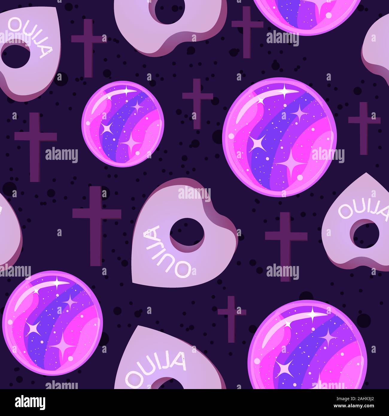 Ouija planchettes and crystal ball with galaxy motif, violet seamless pattern. Occult repetitive background about good energy and divination Stock Vector