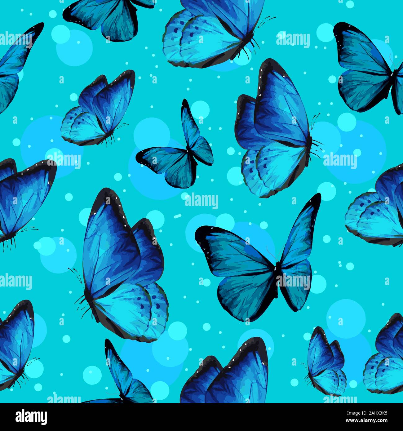 Turquise butterflies and blue bubbles on background flying. Seamless pattern, repetitive pattern for spring and summer insects. Stock Vector