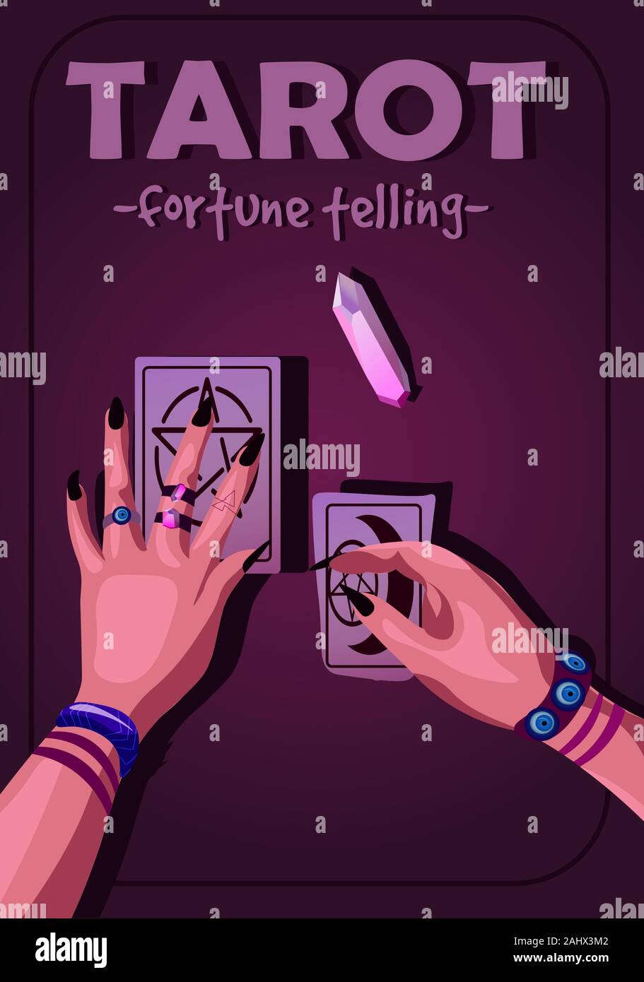 Tarot reading poster with purple violet lighting and text. Fortune telling, witch hands holding two cards in her hands illustration. Stock Vector