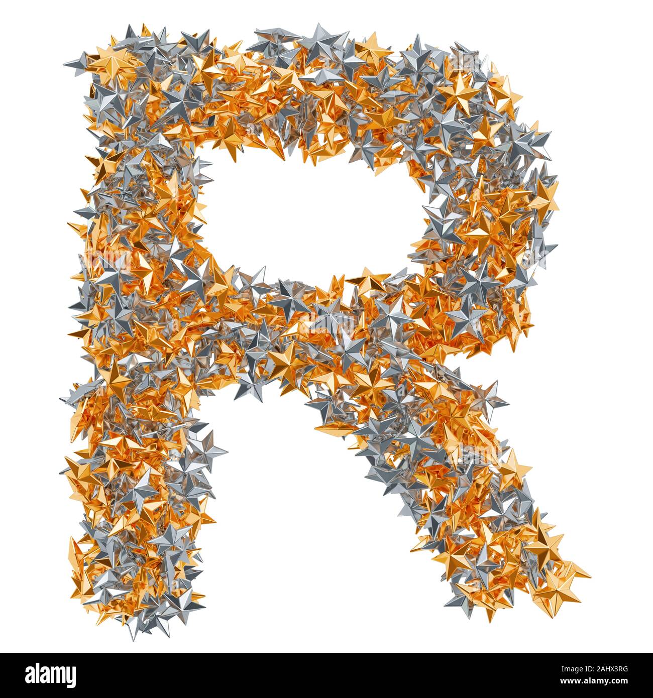 Letter R Star Pattern Letter R from gold and silver stars, 3D rendering isolated on white ...