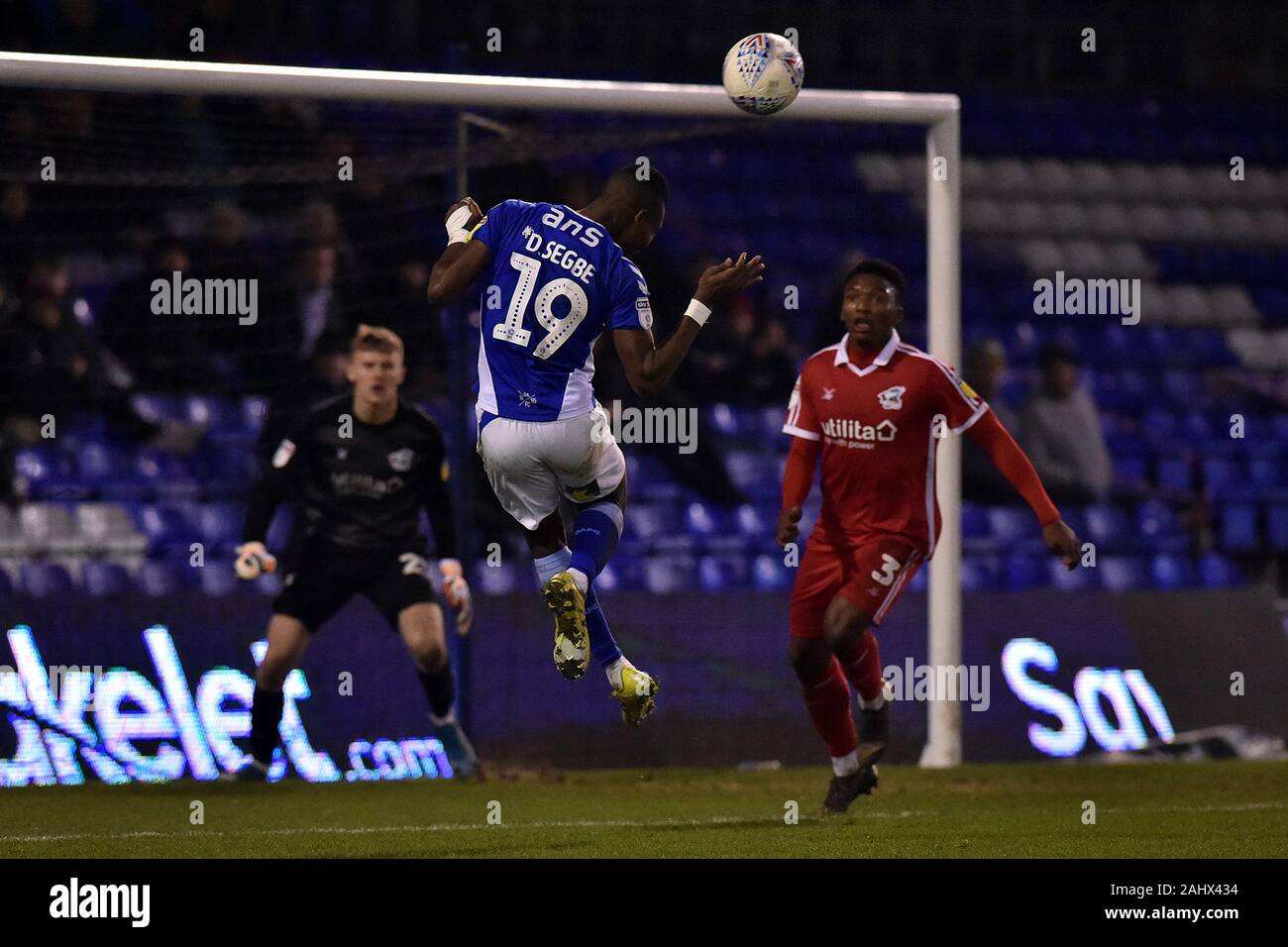 Oldham, UK. 01st Jan, 2020. OLDHAM, ENGLAND - JANUARY 1ST Desire Segbe Azankpo of Oldham Athletic and Kgosi Ntlhe during the Sky Bet League 2 match between Oldham Athletic and Scunthorpe United at Boundary Park, Oldham on Wednesday 1st January 2020. (Credit: Eddie Garvey | MI News) Photograph may only be used for newspaper and/or magazine editorial purposes, license required for commercial use Credit: MI News & Sport /Alamy Live News Stock Photo
