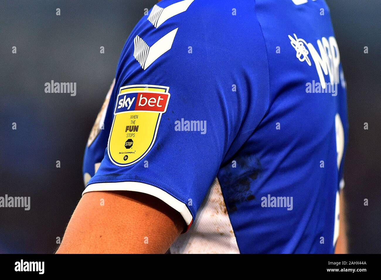 Oldham, UK. 01st Jan, 2020. OLDHAM, ENGLAND - JANUARY 1ST EFL shirt patch during the Sky Bet League 2 match between Oldham Athletic and Scunthorpe United at Boundary Park, Oldham on Wednesday 1st January 2020. (Credit: Eddie Garvey | MI News) Photograph may only be used for newspaper and/or magazine editorial purposes, license required for commercial use Credit: MI News & Sport /Alamy Live News Stock Photo