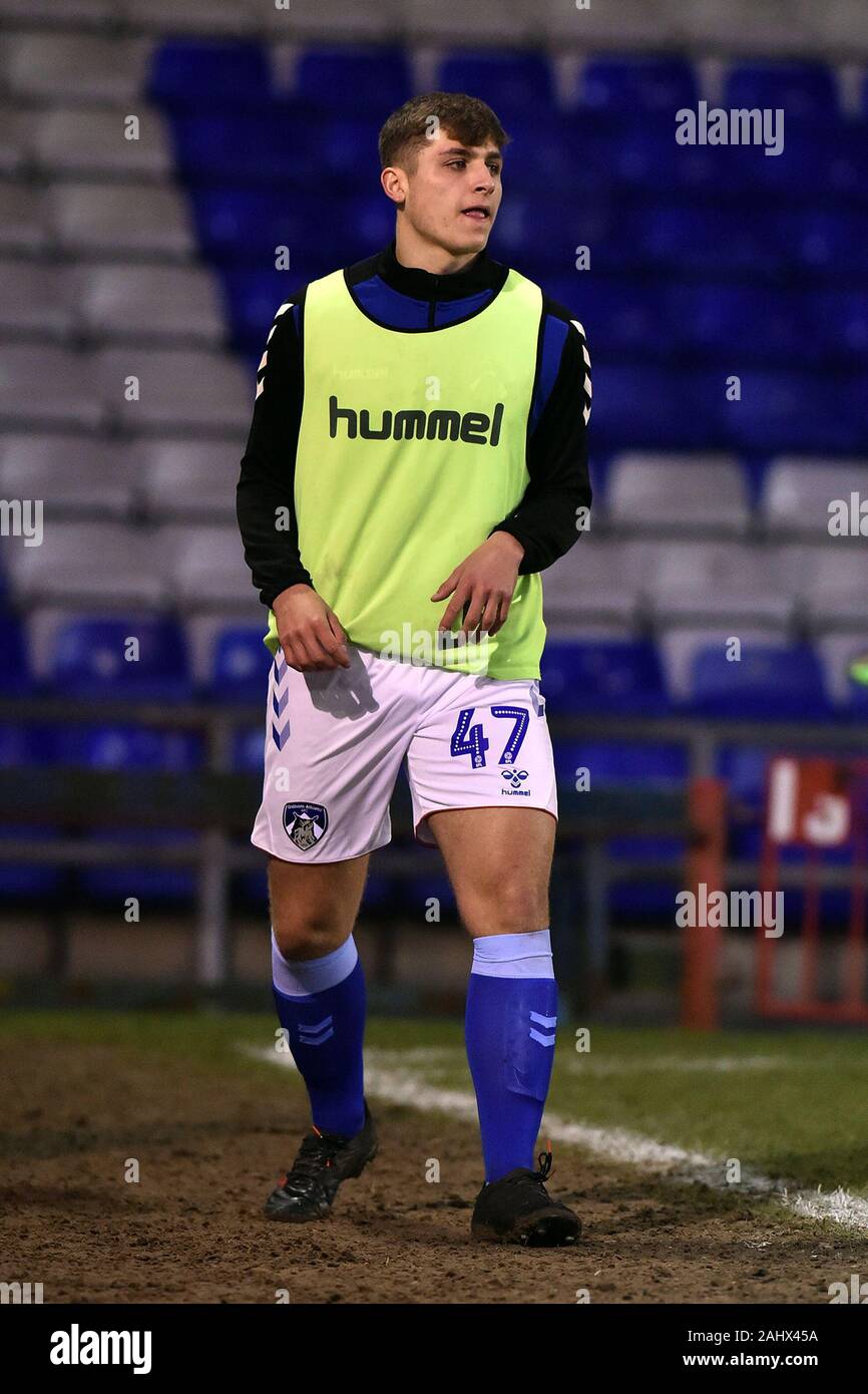 Oldham, UK. 01st Jan, 2020. OLDHAM, ENGLAND - JANUARY 1ST EFL Taylor Jones of Oldham Athletic the Sky Bet League 2 match between Oldham Athletic and Scunthorpe United at Boundary Park, Oldham on Wednesday 1st January 2020. (Credit: Eddie Garvey | MI News) Photograph may only be used for newspaper and/or magazine editorial purposes, license required for commercial use Credit: MI News & Sport /Alamy Live News Stock Photo