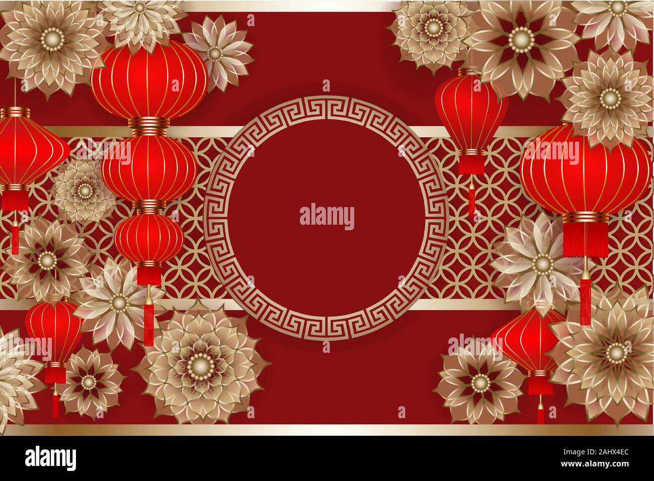 chinese new year background with flowers, red lanterns and gold round
