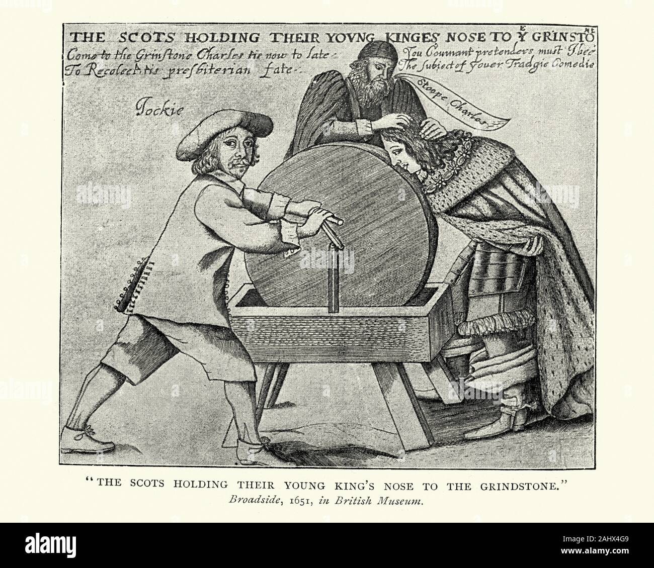 The Scots holding their young King's nose to the grindstone.  17th Century satirical cartoon Stock Photo