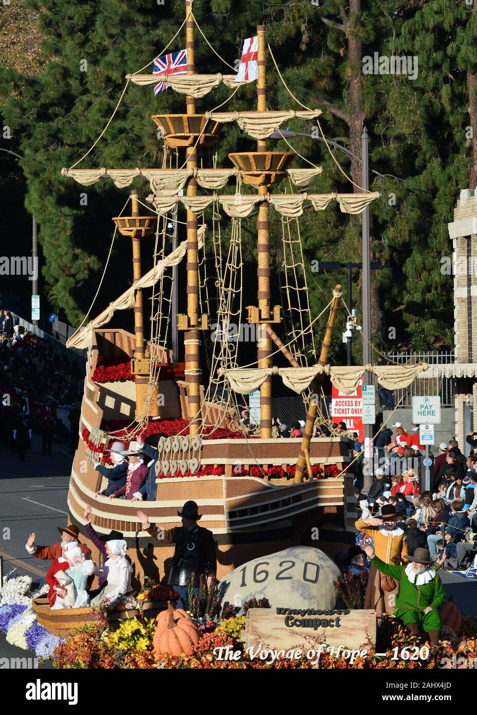 Pasadena, United States. 01st Jan, 2020. General Society of Mayflower Descendants 'The Voyage of Hope' float, winner of the Americana award makes its way down Colorado Boulevard during the 131st annual Tournament of Roses Parade held in Pasadena, California on Wednesday, January 1, 2020. Photo by Jim Ruymen/UPI Credit: UPI/Alamy Live News Stock Photo
