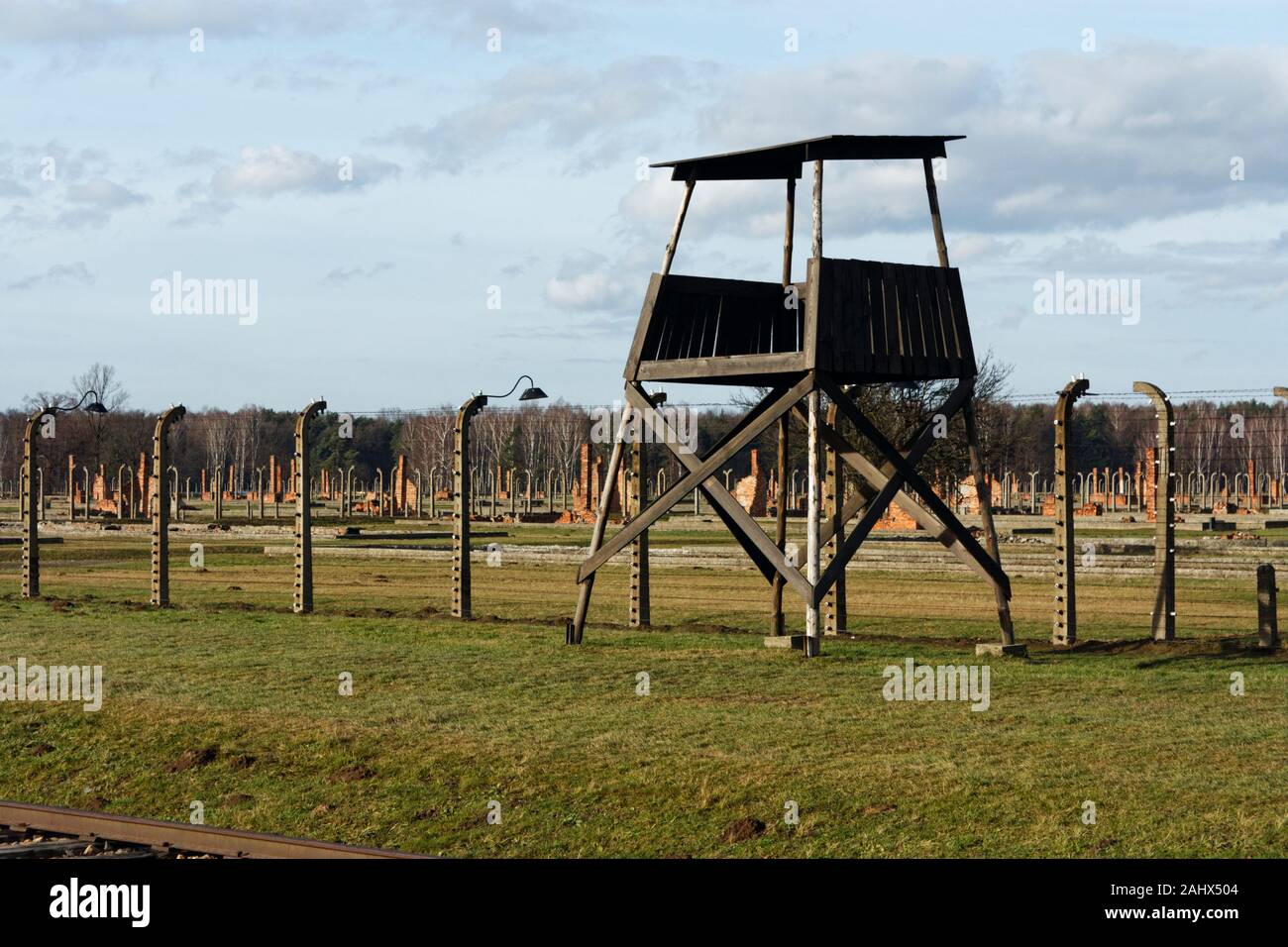 Guard's watch tower inside Auschwitz II-Birkenau concentration camp,  Brzezinka, Poland Stock Photo