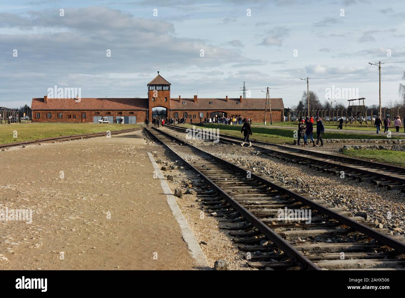 Railway track inside Auschwitz II-Birkenau concentration camp,  Brzezinka, Poland Stock Photo