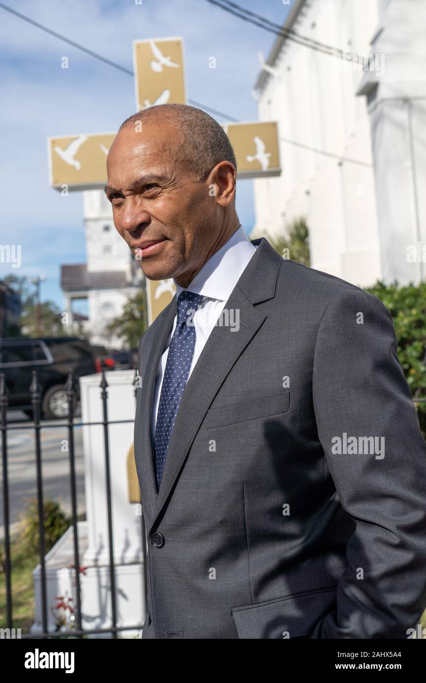 Charleston, United States. 01 January, 2020. Democratic presidential hopeful Gov. Deval Patrick stops to speak with the media after attending church service at the historic Mother Emanuel AME Church January 1, 2020 in Charleston, South Carolina. The service celebrated Emancipation Day, marking the abolition of slavery in the United States.  Credit: Richard Ellis/Alamy Live News Stock Photo