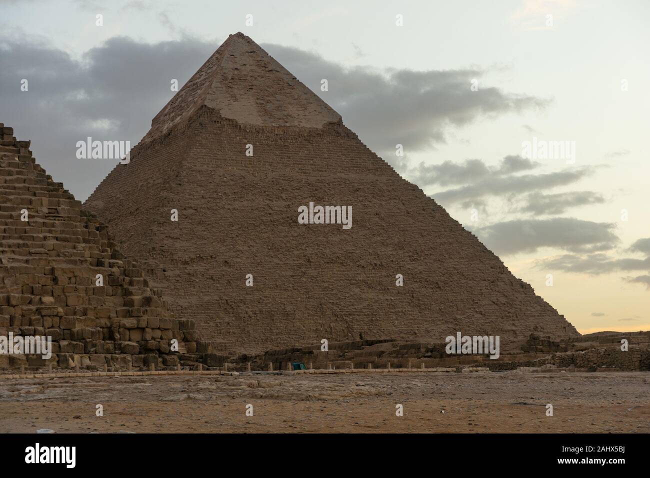The Pyramid of Khafre behind the Pyramid of Khufu (Cheops) Stock Photo