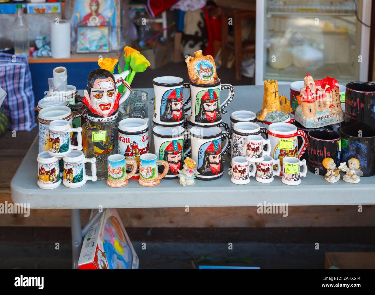 Dracula and Vlad the Impaler souvenirs for sale at Bran Castle, the famous home of the legendary vampire, Count Dracula, Bran, Transylvania, Romania Stock Photo