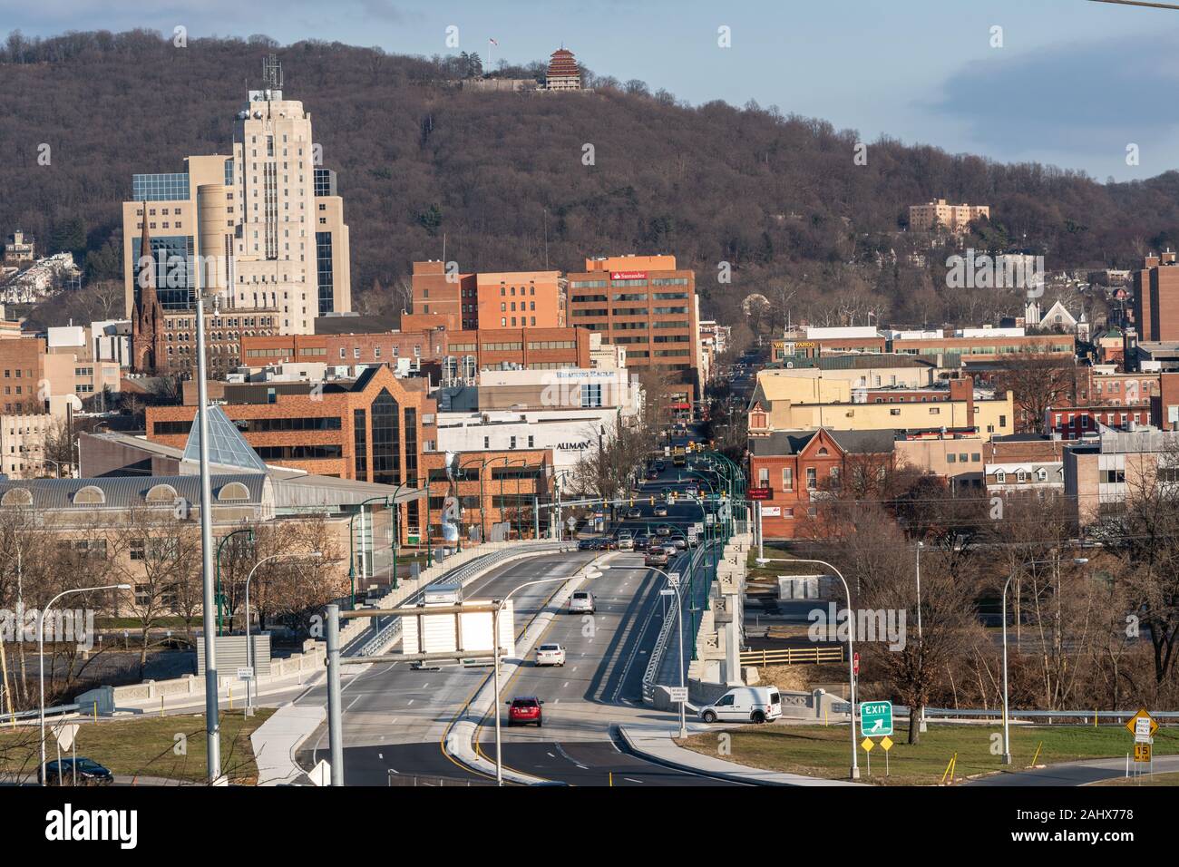 City of Reading, Berks County, Pennsylvania. View of Penn Street and the newly restored Penn Street Bridge Stock Photo