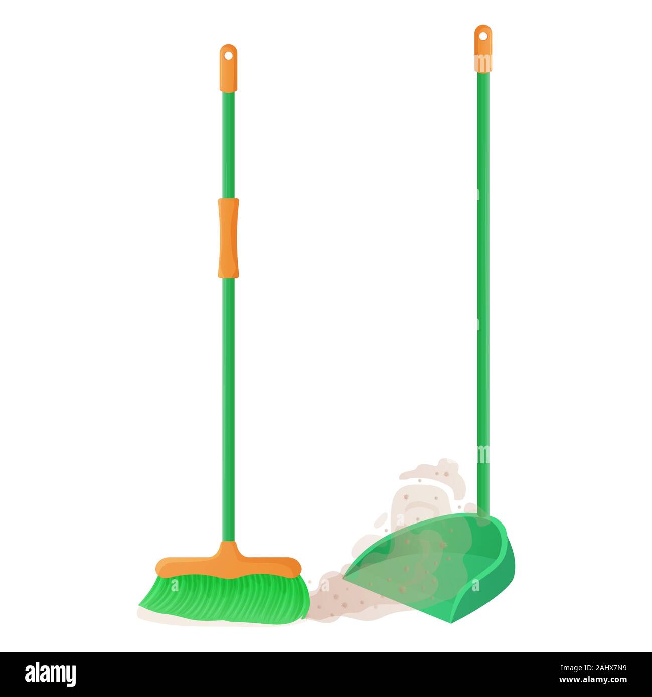 Cartoon plastic broom and scoop set. Broom sweeps dust and dirt. Housework, cleaning services, household,concept. Equipment for cleaning element Stock Vector