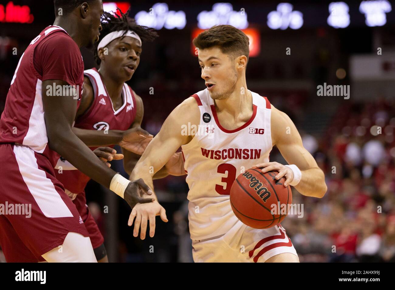 Madison, WI, USA. 31st Dec, 2019. Wisconsin Badgers guard Walt McGrory #3 in action during the NCAA Basketball game between the Rider Broncs and the Wisconsin Badgers at the Kohl Center in Madison, WI. John Fisher/CSM/Alamy Live News Stock Photo