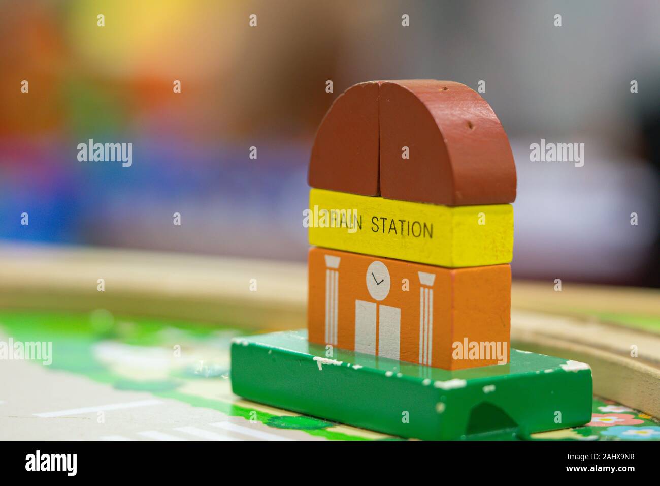 Train Station Wooden Toy Set and Street Signs Play set Educational toys for preschool indoor playground Stock Photo