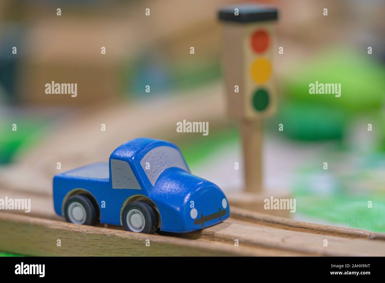 two car model Traffic road sigh toy, Play set Educational toys for preschool indoor playground (selective focus) Stock Photo