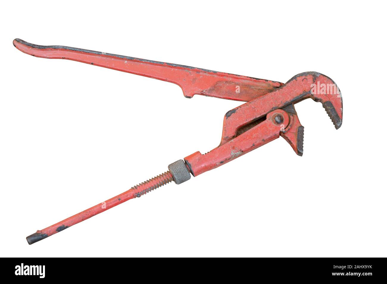 vintage rusty red pipe wrench isolated on white background, top view ...