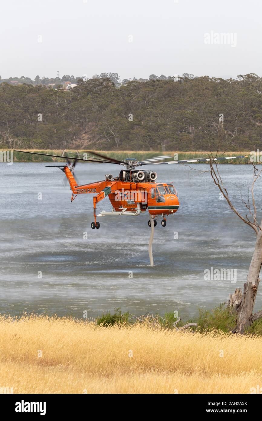 Erickson Air Crane helicopter N243AC (Sikorsky S-64E) sucking up a load of water to fight a bushfire in the Melbourne suburb of Bundoora. Stock Photo