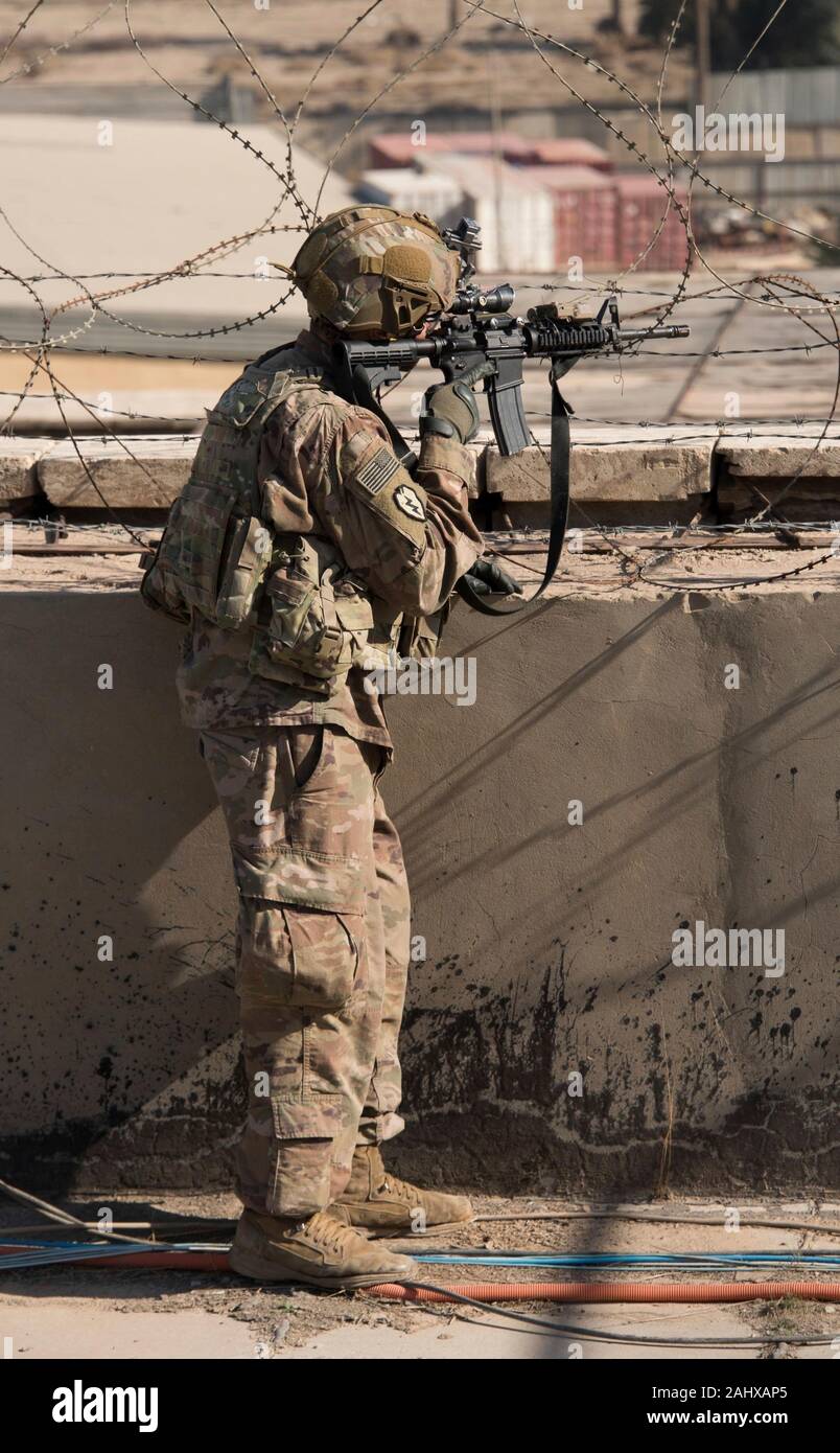 Baghdad, Iraq. 01 January, 2020. U.S. Army Soldiers provide armed overwatch at the U.S. Embassy Compound following violent protests by Iran backed militias January 1, 2020 in Baghdad, Iraq. Credit: Lt. Col. Adrian Weale/Planetpix/Alamy Live News Stock Photo