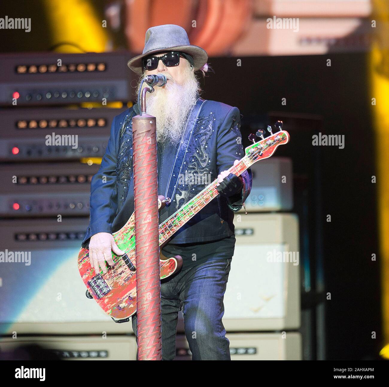 Oct. 5, 2019 - Raleigh, North Carolina; USA - Bass Guitarist DUSTY HILL of the band ZZ TOP performs live as 2019 tour makes a stop at the Coastal Credit Union