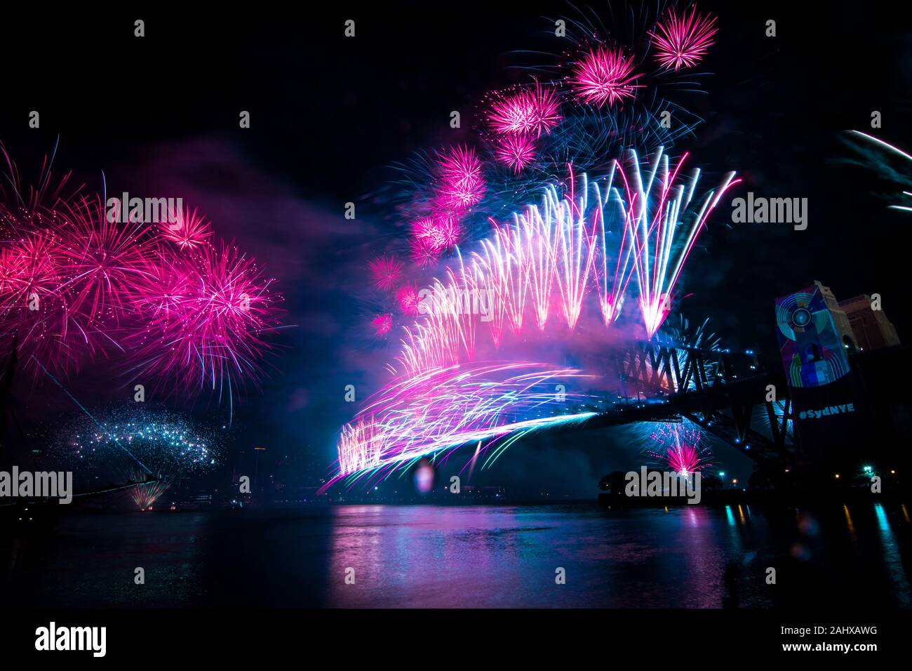 vibrant close up of the sydney new years eve fireworks on the water Stock Photo