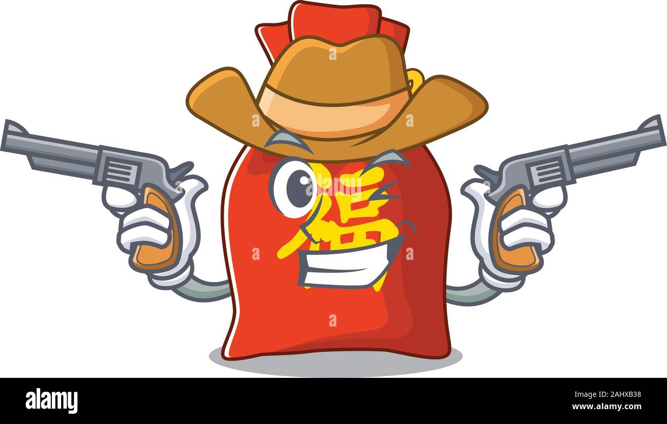 Chinese money bag Scroll mascot performed as a Cowboy with guns Stock Vector
