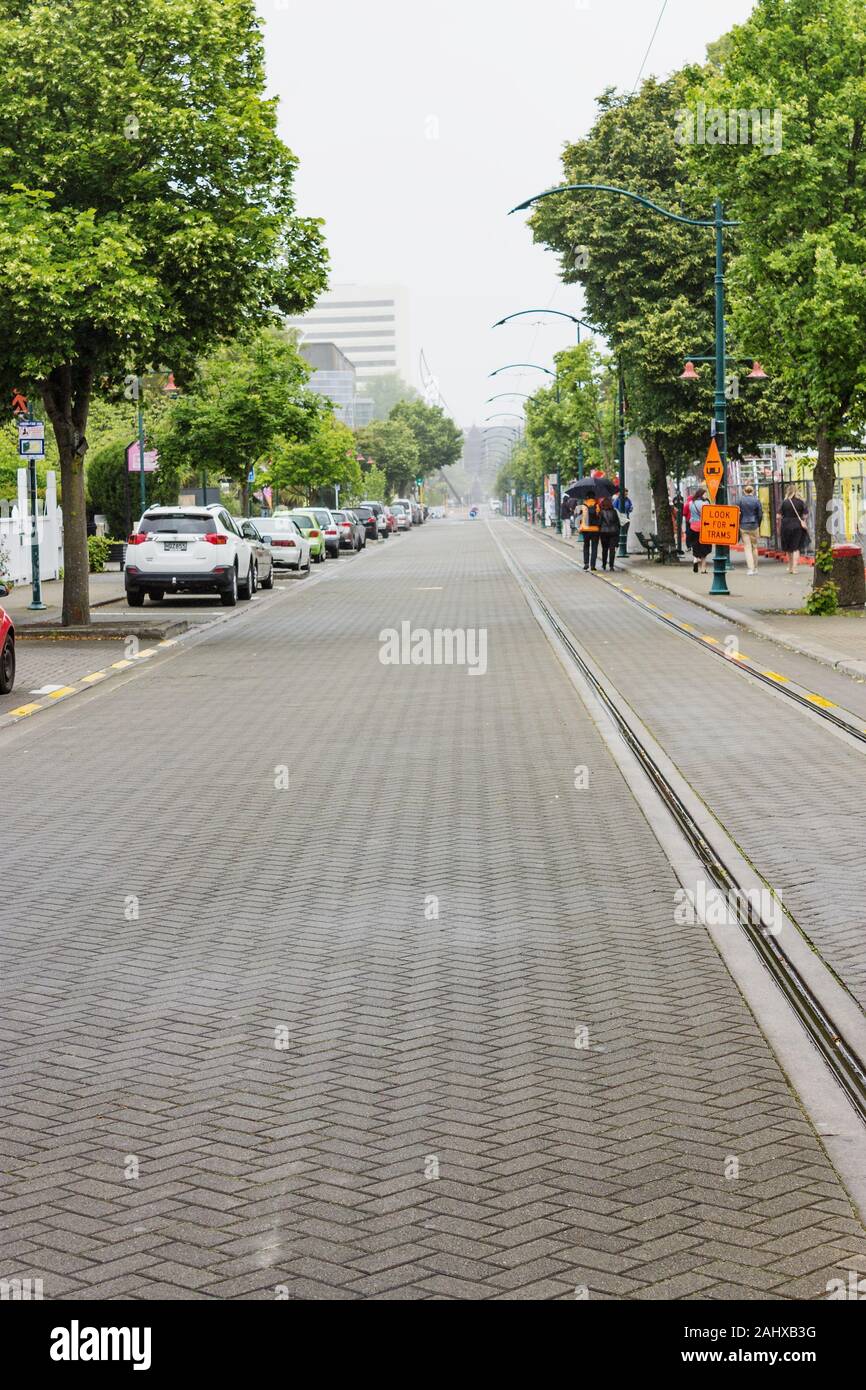 Christchurch, New Zealand - December 1st, 2018: Worsester Boulevard in the CBD is one of the main routes taken by the Christchurch Tramway, a popular Stock Photo