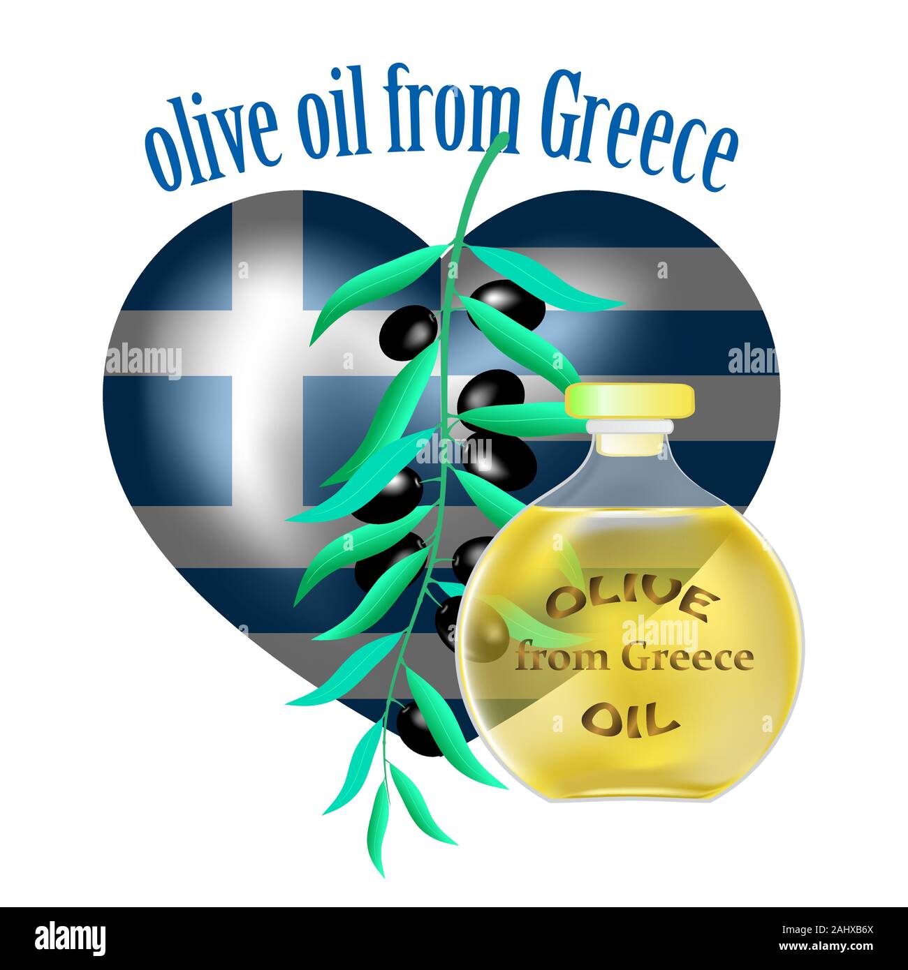 olive oil from Greece. olive oil bottle and olives on branch. flag of