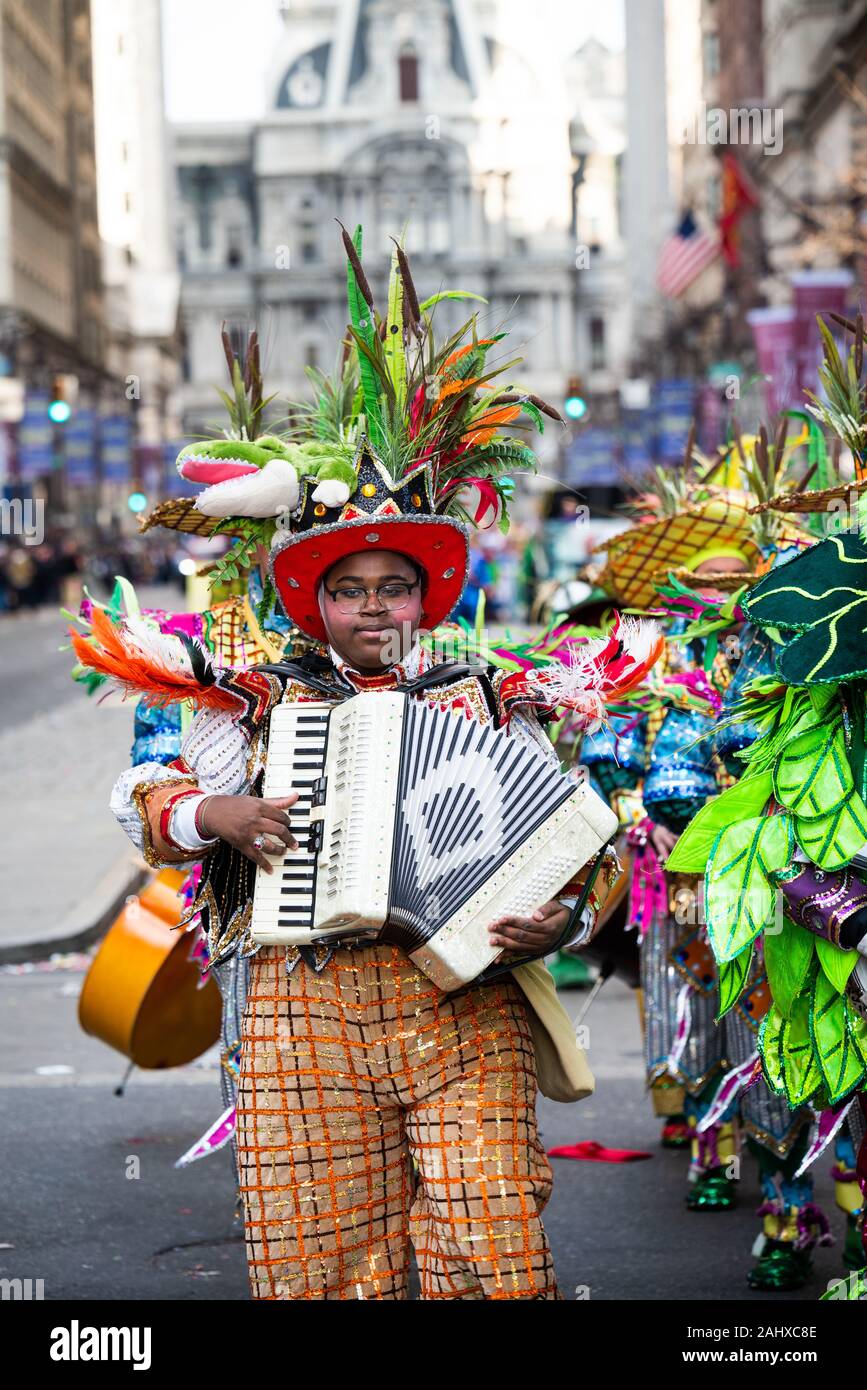 Philadelphia Pennsylvania / USA. Dozens of Mummers Brigades and String Bands performed in the annual New Years Day tradition sporting colorful and guady outfits. January 01, 2020. Credit: Chris Baker Evens / Alamy Live News. Stock Photo