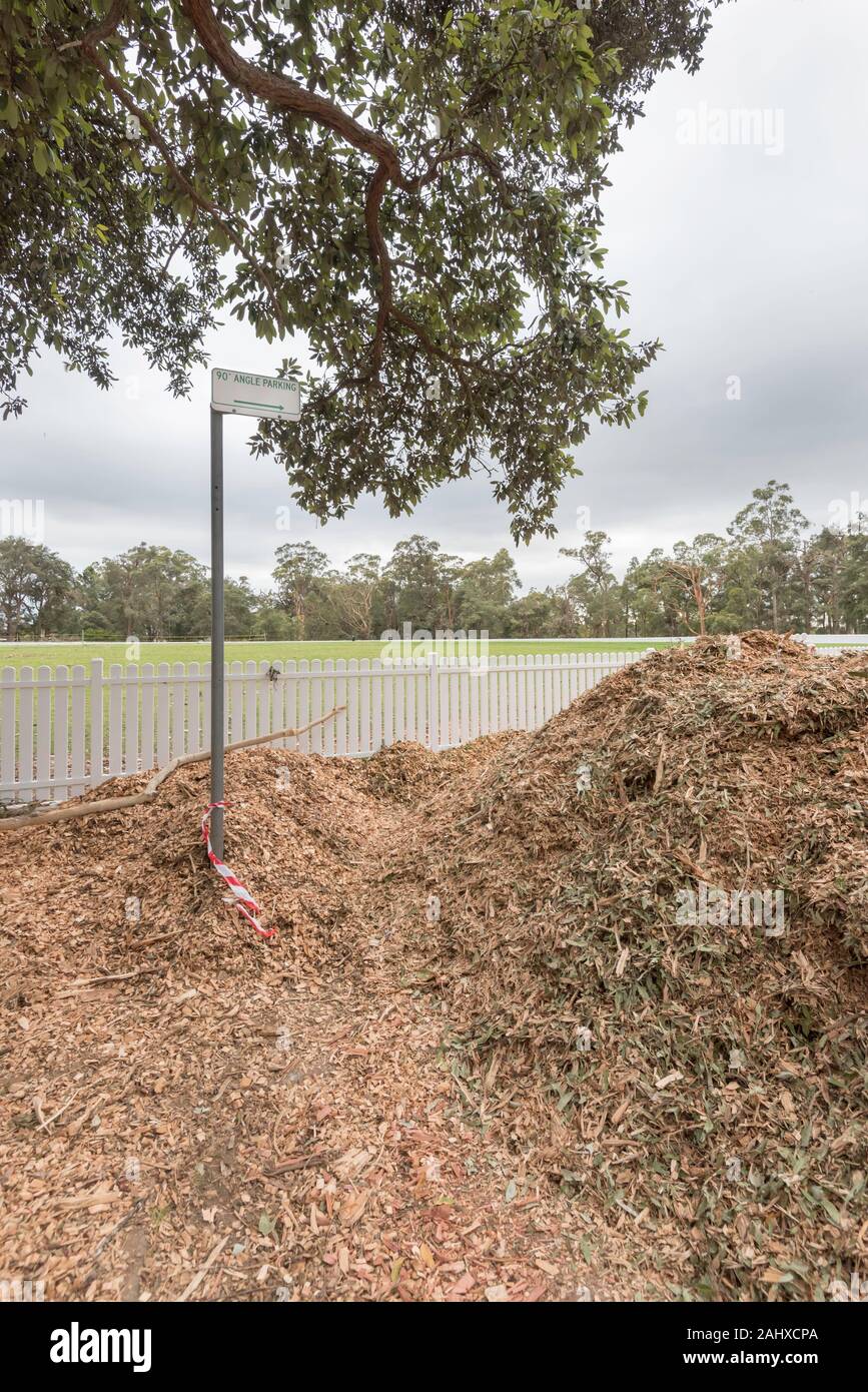 A local parking sign partly buried under wood chip mulch near Bert Oldfield oval in Killara, Sydney during the cleanup from the Nov 26 2019 storm. Stock Photo